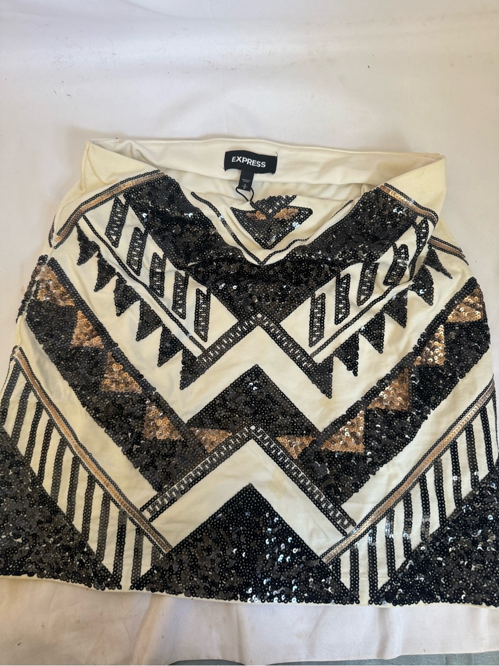 Express Sequin Chevron Mini Skirt in Ivory, Black and Gold